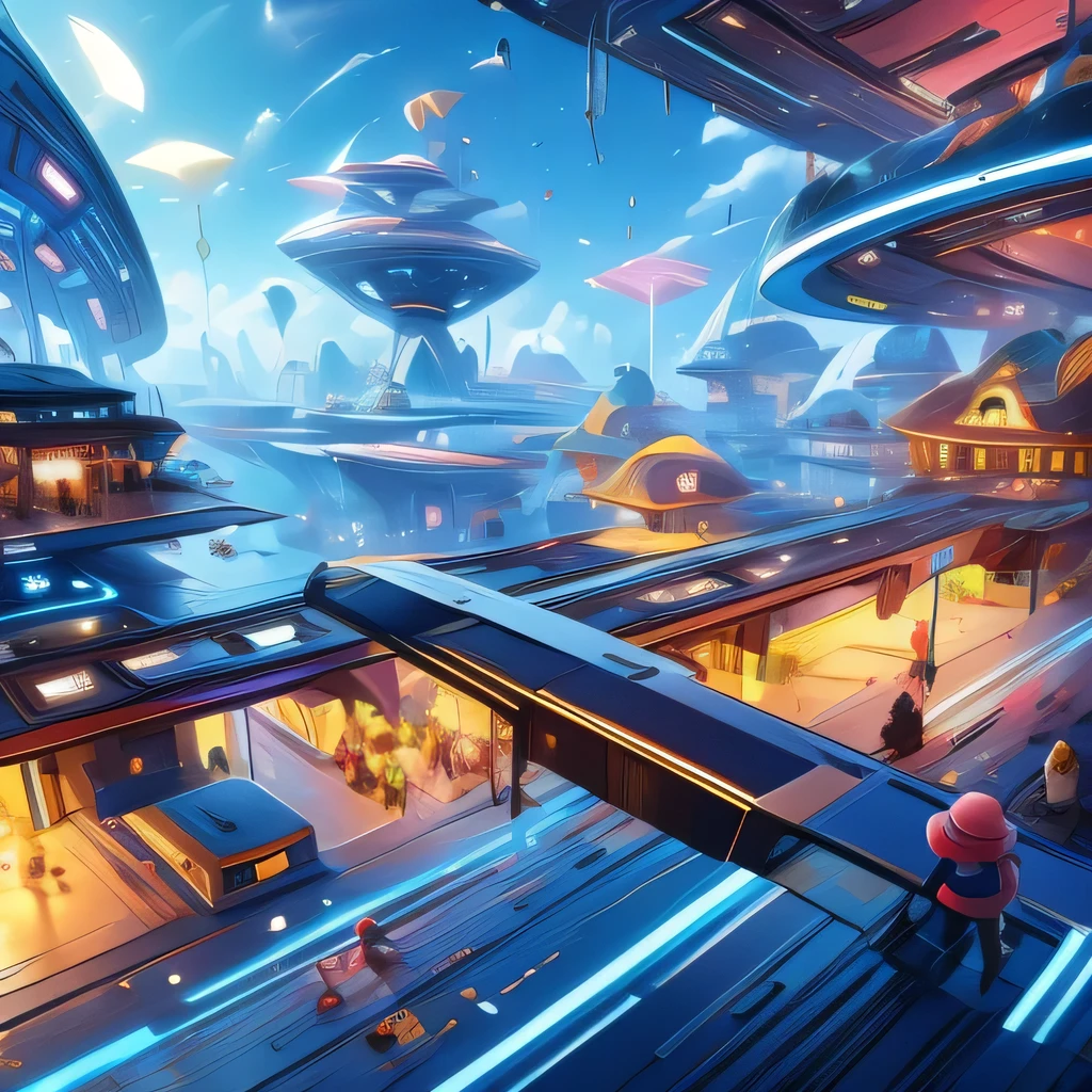 Child-friendly future city design，Ultra wide angle，Technology，Futuristic，Children's style，Disney style，two children playing，Playfulness，