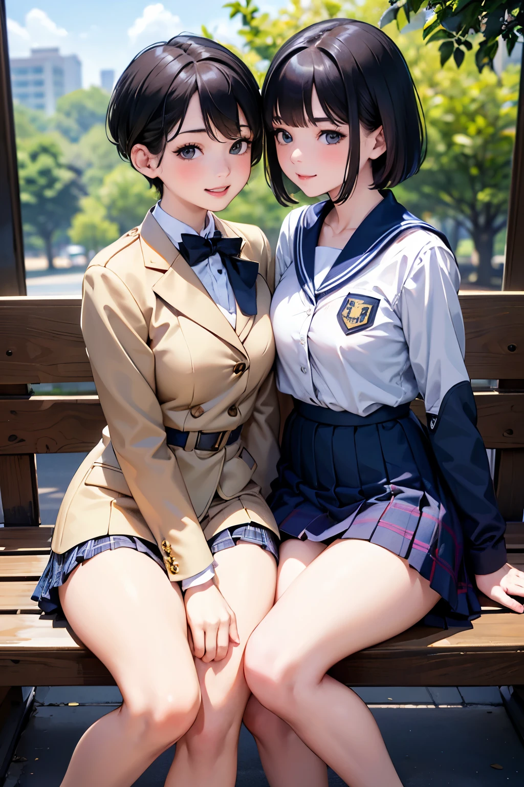 (masterpiece:1.2, Highest quality), Very detailed, (Realistic, photoRealistic:1.4), Beautiful illustrations, (Natural Side Lighting, Cinema Lighting), Written boundary depth, ((Two women lean in and press their cheeks together.))､(Schoolgirl uniform)､Beautiful black hair, Beautiful Face,((Sensual look))､ Beautiful attention to detail, Beautiful clavicle, Beautiful body, Beautiful breasts, Beautiful thighs, Beautiful feet, Beautiful fingers, Perfect Style,  Perfect Face, Cute and symmetrical face, ((The woman on the left has black hair.､Short Bob, White and navy blue sailor suit)), ((The woman on the right has short blonde hair.､Blazer uniform、School emblem patch on chest、Tartan check mini skirt)), blue eyes, Long eyelashes, (Small breasts), Glowing Skin, with a park in the background, (Composition from the front), (Cute Smile, Upward glance),(blush､An innocent smile)､　