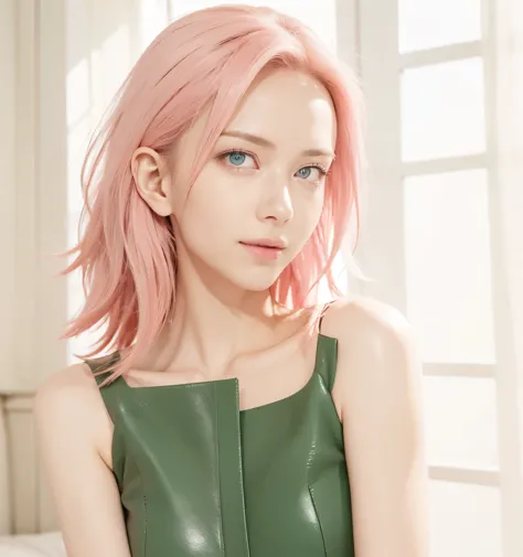 junior, short pink hair, shoulder length, wide forehead, porcelain skin, pink eyebrows, large, emerald green eyes, buttoned nose...