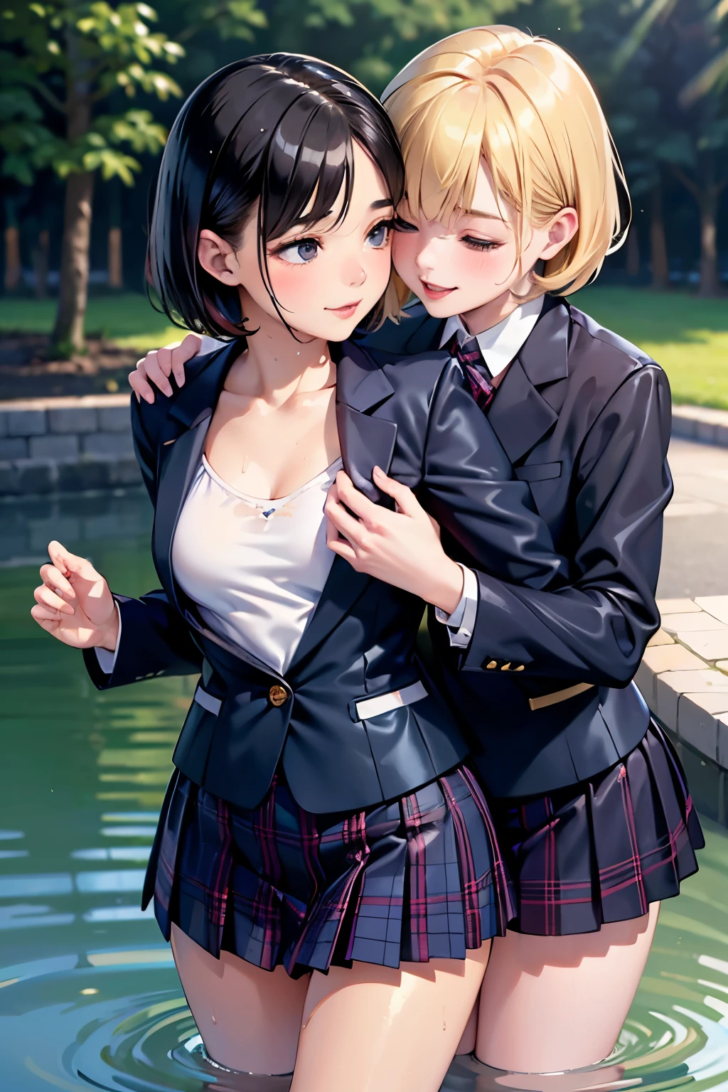 (masterpiece:1.2, Highest quality), Very detailed, (Realistic, photoRealistic:1.4), Beautiful illustrations, (Natural Side Lighting, Cinema Lighting), Written boundary depth, ((Two women are hugging and their cheeks are close together.))､(Schoolgirl uniform)､Beautiful and precise hair, Beautiful Face,((Sensual look))､ Beautiful attention to detail, Beautiful clavicle, Beautiful body, Beautiful breasts, Beautiful thighs, Beautiful feet, Beautiful fingers, Perfect Style, ((My whole body is wet and shiny:1.3))､ Perfect Face, Cute and symmetrical face, ((The woman on the left has black hair.､Short Bob, White and navy blue sailor suit)､Navy blue mini skirt), ((The woman on the right has short blonde hair.､Blazer uniform､Tartan check mini skirt)), blue eyes, Long eyelashes, (Small breasts), Glowing Skin, with a park in the background, (Composition from the front), (Cute Smile, Upward glance),(blush､An innocent smile)､