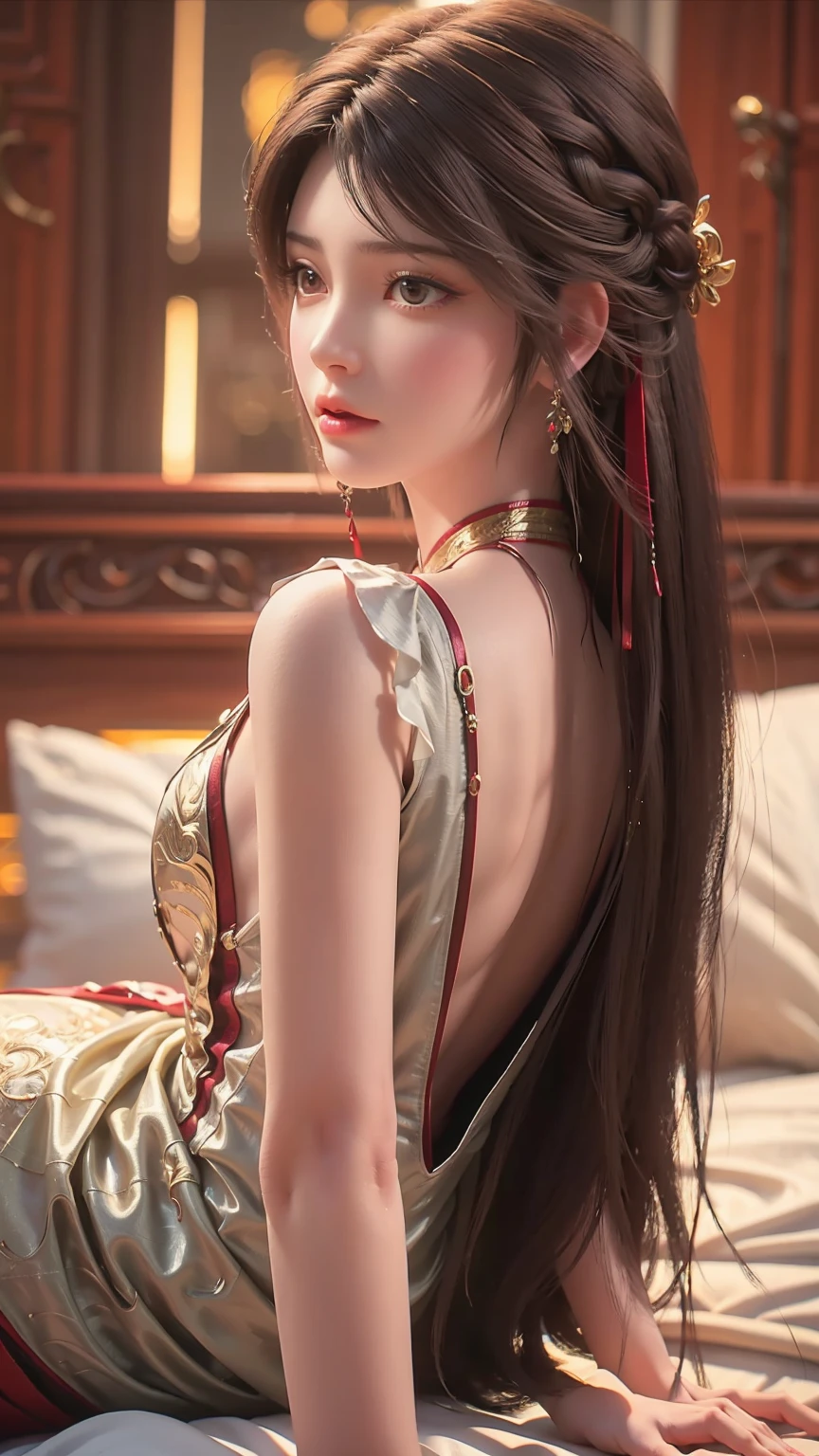 a beautiful young woman with long hair, wearing a nightgown, sitting on a bed, barefoot, in a dress, lying on her side, cross-legged, full body shot, (best quality,4k,8k,highres,masterpiece:1.2),ultra-detailed,(realistic,photorealistic,photo-realistic:1.37),beautiful detailed eyes,beautiful detailed lips,extremely detailed eyes and face,longeyelashes,natural lighting,warm tones,soft focus,portraits,chiaroscuro,depth of field
