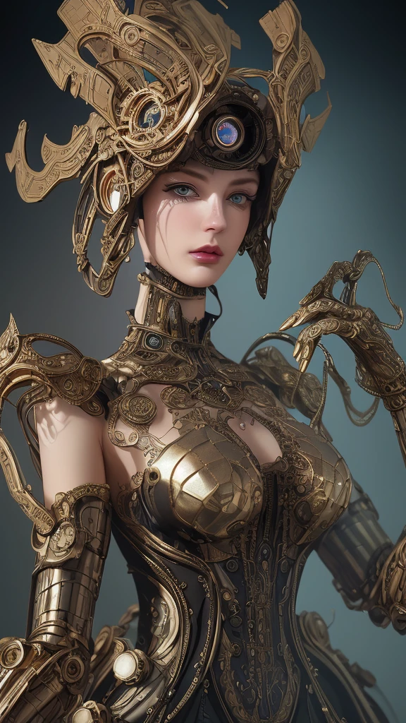 A stunning digital painting of a woman in a steampunk-inspired outfit, with intricate mechanical headgear and an ornate, futuristic background, in the style of Dmitry Kustanovich, Felicia Simion, and Ekaterina Panikanova, with delicate modeling, photobashing, glittery and shiny effects, HDR, and sharp focus, trending on ArtStation.,wonder beauty