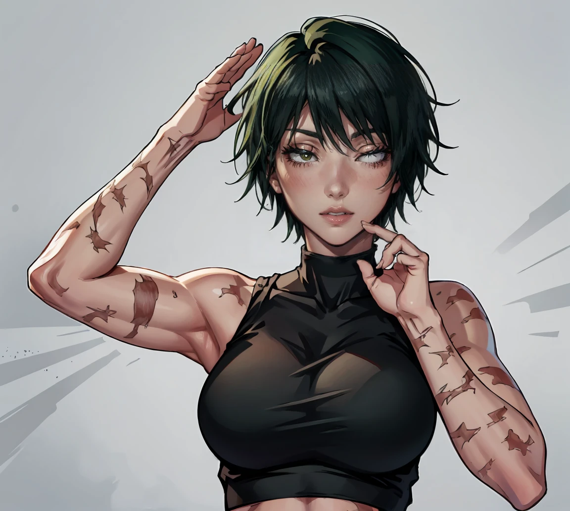 (masterpiece:1.2, best quality:1.2, beautiful, high quality, highres:1.1), 1girl, detailed, short hair, short fluffy hair, short green hair, extremely detailed 4K, perfect eyes, perfect face, visible bandaid, 1 eye, bandaid covering eye, other eye covered, eye covered with bandaid, circle arms, serious gaze, ready for battle, combat face, glasses, circle shaped glasses, yellow shiny eyes, yellow colored eyes, Bandaid on face, posing, hands, arms, scars on arms, scars on face, scars on cheek, bangs, really short hair, scars on body, Maki Zenin eyes, perfect eyes, scars on face, dangerous, eye patch, white bandage on eye, yellow colored eyes, exotica, scar on face, scar on cheeks, visible scars on cheeks, bandage on eye, scar on eye, Maki Zenin, scar on body, very short hair, circle glasses, dark scars on face, Maki Zenin LoRA, black shirt, scar on eye, scars, sleeveless, crop top, beautiful face, perfect lighting, (1girl, solo, adult female, mature female), thin, lithe body, Maki Zenin, green hair, glasses, (big breasts), ((sensual seductive)), ((hands up in the air showing armpits)), ((glasses on)), whole body visible