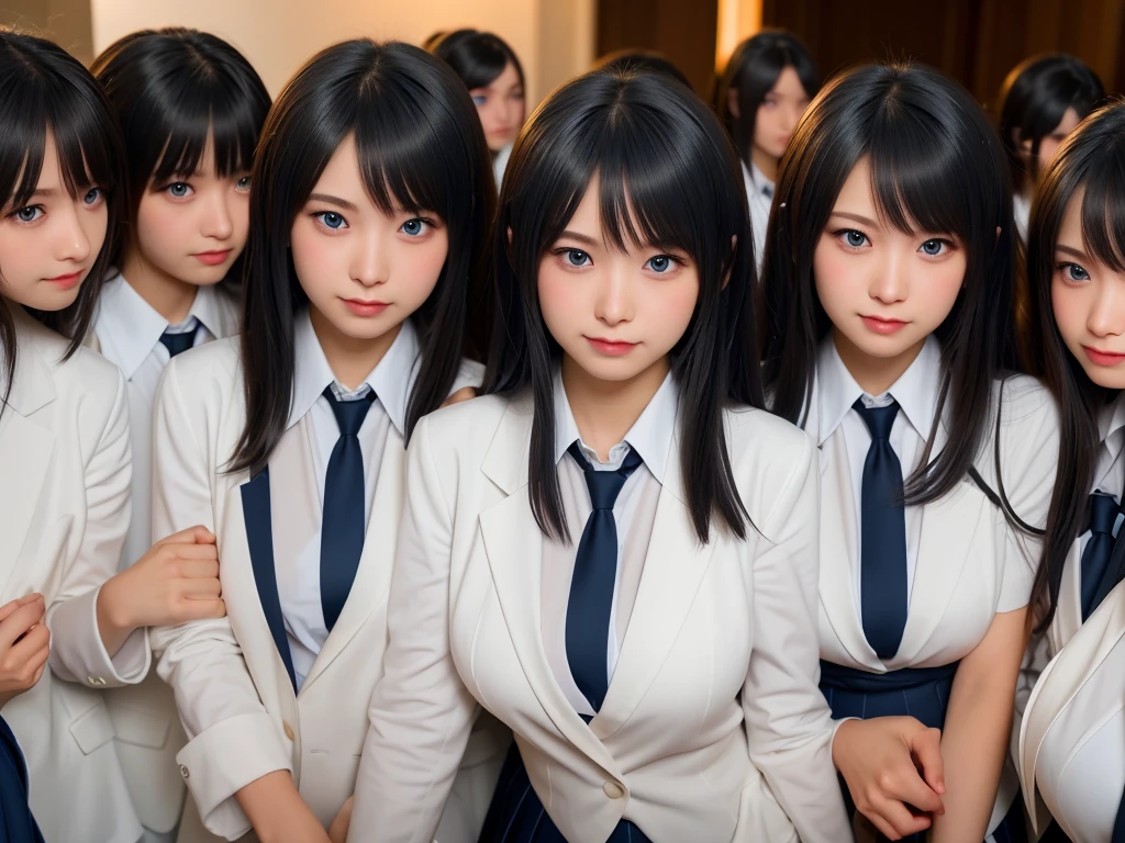 ((Highest quality, Ultra-high resolution, Realistic, RAW Photos, 8k, Real photograph:1.6)), ((日本人high school girl, 16yo)) , Beautiful detailed, Beautiful Face, cute, (((smile))), Japanese beautiful skin, Black Hair, Semi-long hair, (((Summer Girls' School Uniform))), White shirt, Blue check mini skirt, (((Big Breasts, Full cleavage:1.5))), Super Real, Soft Light, (((high school girl, Very detailed, 6+girls: 1.99))), (((high school girl, Very detailed, perfect identical faces, perfect identical body shapes: 1.99))), ((100人のhigh school girl: 1.6)), (((high school girlのみ))), ((100人high school girlの囲み)), Full body photo, Wide-angle field of view, congestion, Intensive, (((high and wide view))), city park, 1,000 people