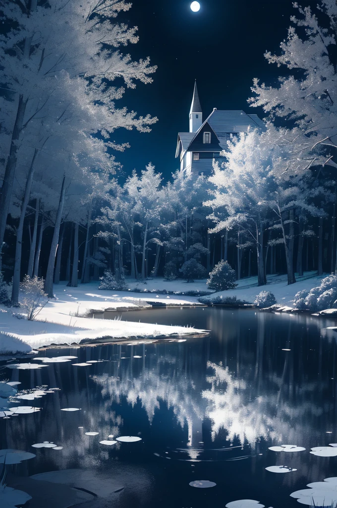 ( serene pond reflecting the moonlight, with a solitary house surrounded by tall trees in the background, under a midnight sky, in the style of realism with dark fantasy elements, a mysterious and quiet atmosphere, intricate shadows, soft and eerie lighting, the moon casting a gentle glow over the dark environment, with delicate details on the trees and house, cinematic composition, ultra-realistic textures, UHD quality —ar 2:3 —v 5.1