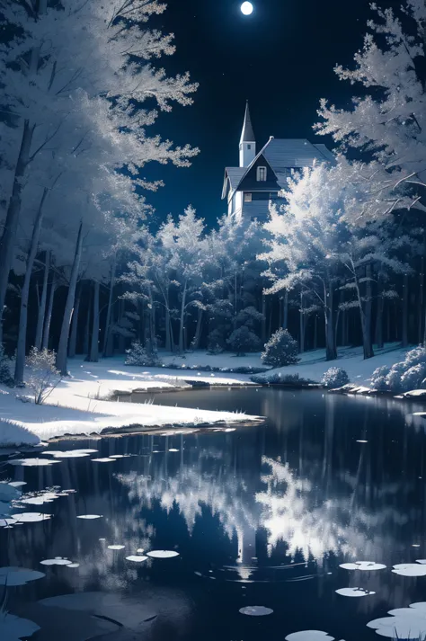 ( serene pond reflecting the moonlight, with a solitary house surrounded by tall trees in the background, under a midnight sky, ...