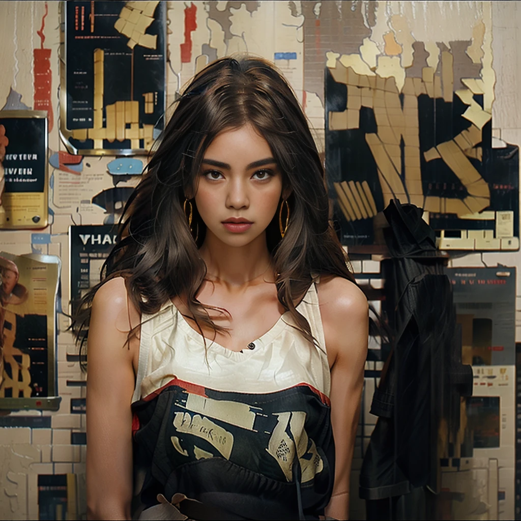 A serene evening atmosphere in a small studio with peeling white walls revealing the bricks underneath. The lighting is ample. A young female artist of Thai- Chinese descent, with dreadlocks and large headphones, is dressed in a Bohemian-style shirt and denim shorts. She is painting an oil portrait of a voluptuous woman with long copper hair adorned with a crown. The artist, with a calm demeanor, carefully blends vibrant colors, reflecting elegance and beauty. The backdrop of the small studio is filled with brushes, palettes, a coffee cup, and an ashtray with a lit cigarette. The evening sunlight adds depth and dimension to the scene.