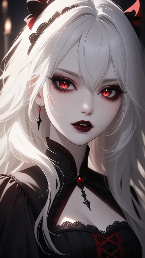 chibi vampire girl, white hair, red eyes, beautiful detailed eyes, beautiful detailed lips, extremely detailed face and features...