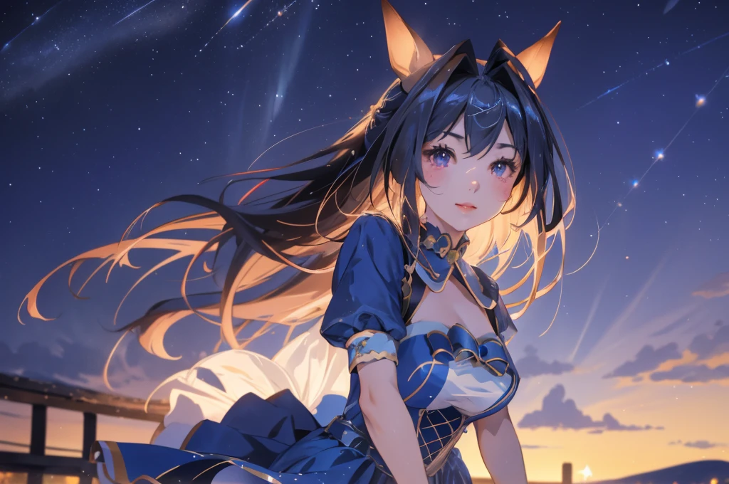 Daiwa Scarlet（Horse Girl）、Blue Dress、Beautiful breasts、A beautiful girl with horse ears against the backdrop of a starry night sky。Smile、Hands behind your head