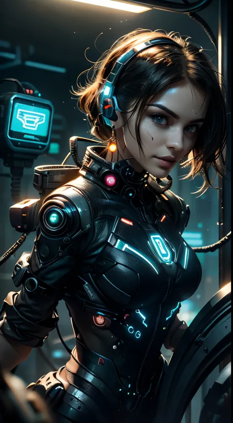 1 love，perfect facial features，a delighted face，(cyberpunk character:1.3)，bring your headphones，helmet and headphones with light...