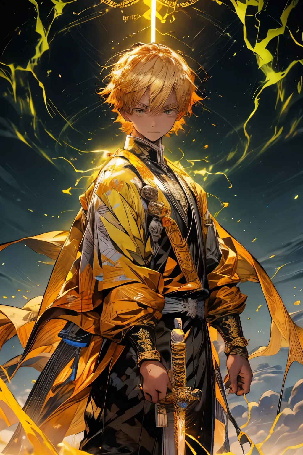 Zenitsu Agatsuma, Characters from the Demon Slayer series, Ready to draw the sword, There was intense concentration in his eyes., stare ahead with nervous anticipation, Lean forward slightly, Wearing a vibrant electric yellow outfit, Lightning-filled atmosphere,