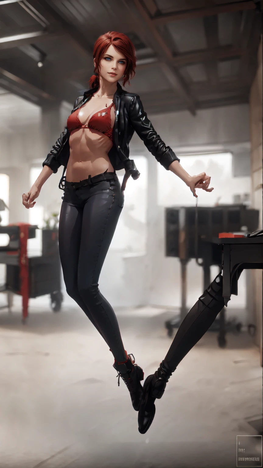 ((Courtney Hope)), red hair, asymmetrical hair, short ponytail, wavy hair, sidelocks, low ponytail, 1girl, solo, smirking, Fitted Black motorcycle/bomber jacket 1/4 cropped, (tight, red micro bikini top under jacket), Skin tight black jeans, (strong glutes), matte black leather motorcycle boots, Slim but lightly toned build, medium bust, wide shot, she floats above the ground, posing with arms down as she floats, UHD, 16k, best quality, anatomically correct, accurate face, masterpiece, (full body portrait), set in a dishevelled office interior with white brutalist design and white walls