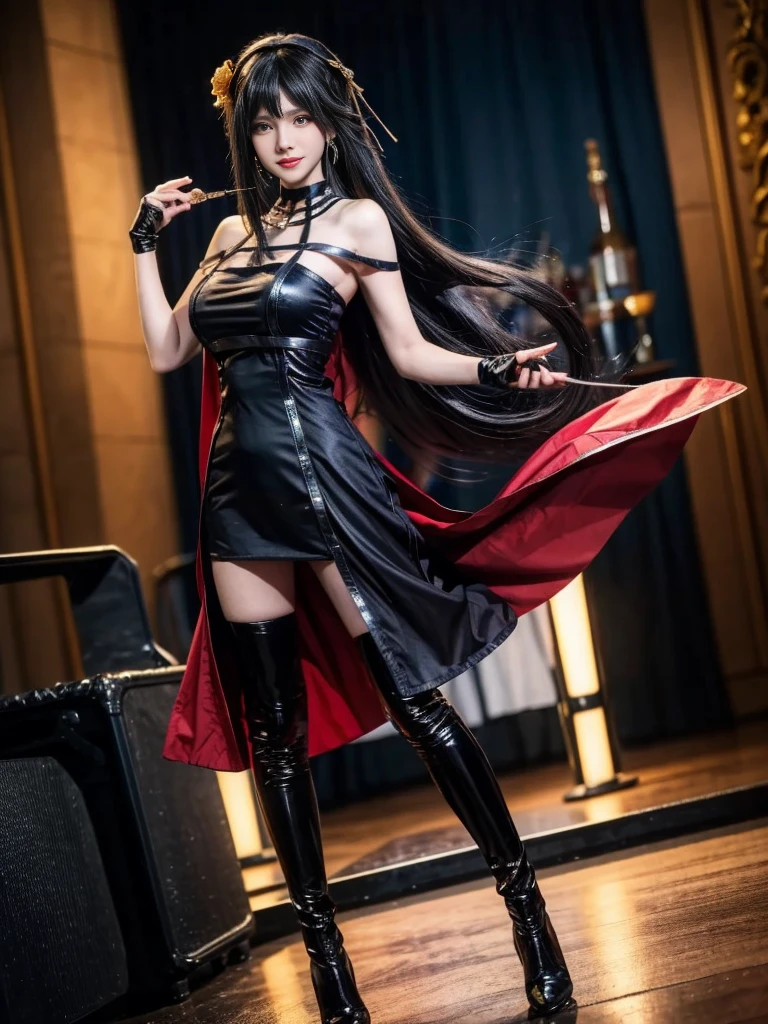 (Highest quality, 4K, masterpiece :1.3), Beautiful woman, Surreal, 1 person,),Ajolf, Side Lock,Short hair and long straight hair, Gold Hair Band, Gold earrings, Gold Hair Ornament, Big Breasts, Exposing shoulders, Black Dress, Double-sided dress with red rose cape, choker, Thigh-high boots, , Fingerless gloves, Thigh-high boots,Slender beauty, (Huge breasts, Attractive body :1.2), Abdominal exercises :1.1, Long black hair 1.1, Highly detailed face, Lip details, Beautiful Eyes, double eyelid, Sexy low neck dress, Open neckline, Twisting waist pose, Visible curves,Muscular, Bent legs, Yugal, masterpiece, Highest quality, High resolution, aaYugalf,Cowboy Shot, Are standing, Looking at the audience, Outdoor, night, (Perfect Anatomy:1.Big Ass, jewelry, Off the shoulder, Black Pantyhose, Cute Smile, Beautiful and bright lighting, Beautiful breasts,Place your hands behind your back,