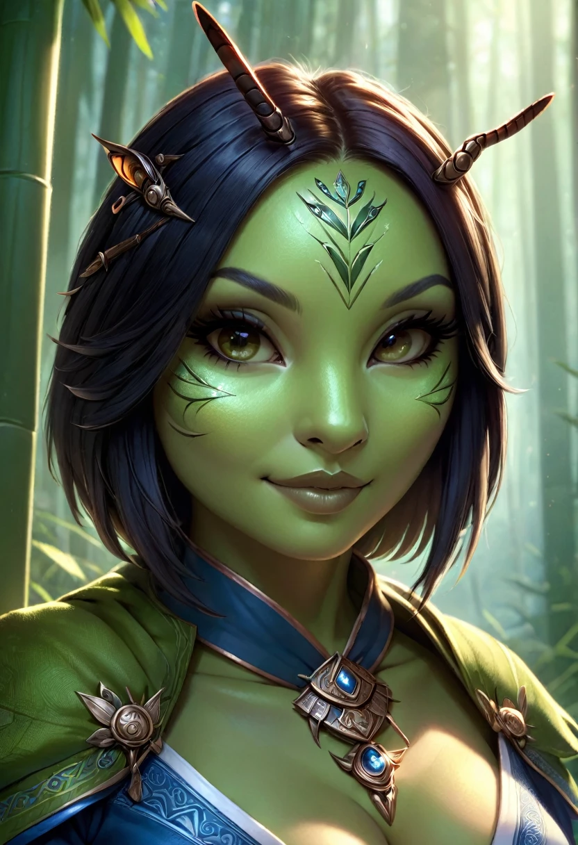 Anthropomorphic female grasshopper mage. Official Art – Charecter profile. An Award-Winning Digital Masterpiece In 4K Ultra HD, Extreme Detail And Intricate Realism. Symmetrical Face. This Concept Art Brought To Life By The Hands Of Artists Like Wlop & Artgerm In A Stunning 2D Vector Illustration.Background Is A Panoramic Vista.
