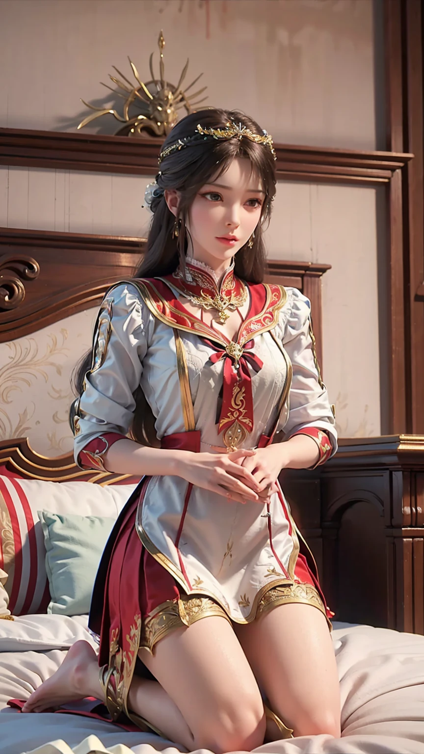 best quality，masterpiece，The Ultimate Solution，Fluffy，Extremely colorful，Mature beautiful woman，（Dress school uniform），Lace skirt，（Beautiful woman beheaded），Normal posture，（Kneeling），Kneeling on the bed，shackles，Beheading，collar，barefoot，Normal posture