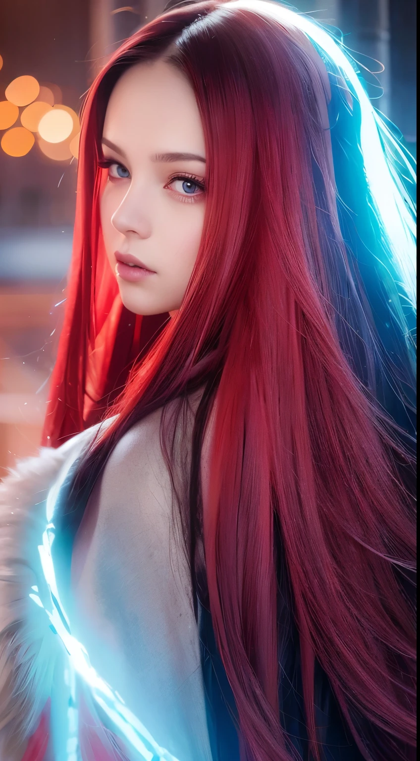 best quality, 4K, high resolution, masterpiece:1.2, Super Ultra Detail, (realistic, realistic, realistic:1.37), vibrant, Heterochromia of red and blue eyes，Strong gaze，Mesmerizing eye contact，Fiery irises，Deep blue shining stars，shining pupils，vivid colors，portrait，fantasy art，Magical red glow，heavenly beauty，Red color palette，Long yellow hair，Cloak like crimson