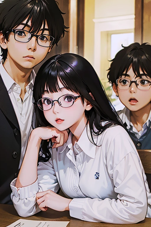 Highest quality、masterpiece、High sensitivity、High resolution、Detailed Description、Slender women、Glasses、Boys、Holding a girl、