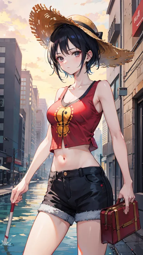 1girl, female luffy in one piece, short hair , black hair, black eyes, beautiful,straw hat , red clothes , city background, ultr...