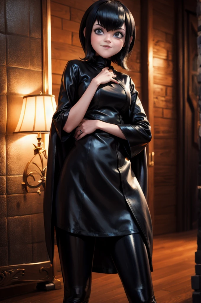 Mavis stands in her room in a seductive pose wearing a black leather coat and leather top as well as leather leggings.with a relaxed face and a slight smile 