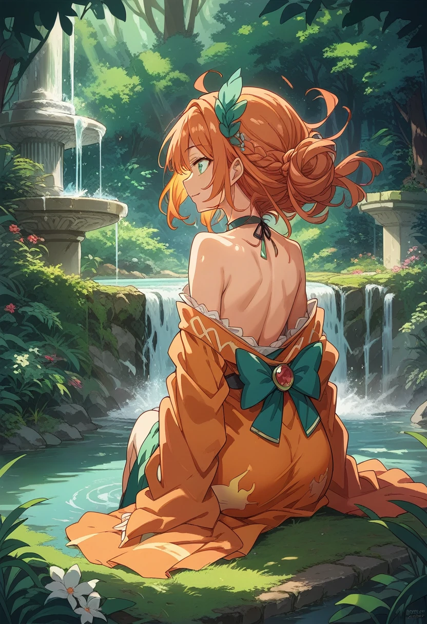 1girl, solo, Sunburned skin, Dress, bare shoulders, Fountain in the forest, sitting with feet in the fountain, He lowers his face and stares at the sparkling water., Sunlight filtering through the trees, He is looking at her from behind, Her supple, stretched back is very lustrous., profile, Smiling, 