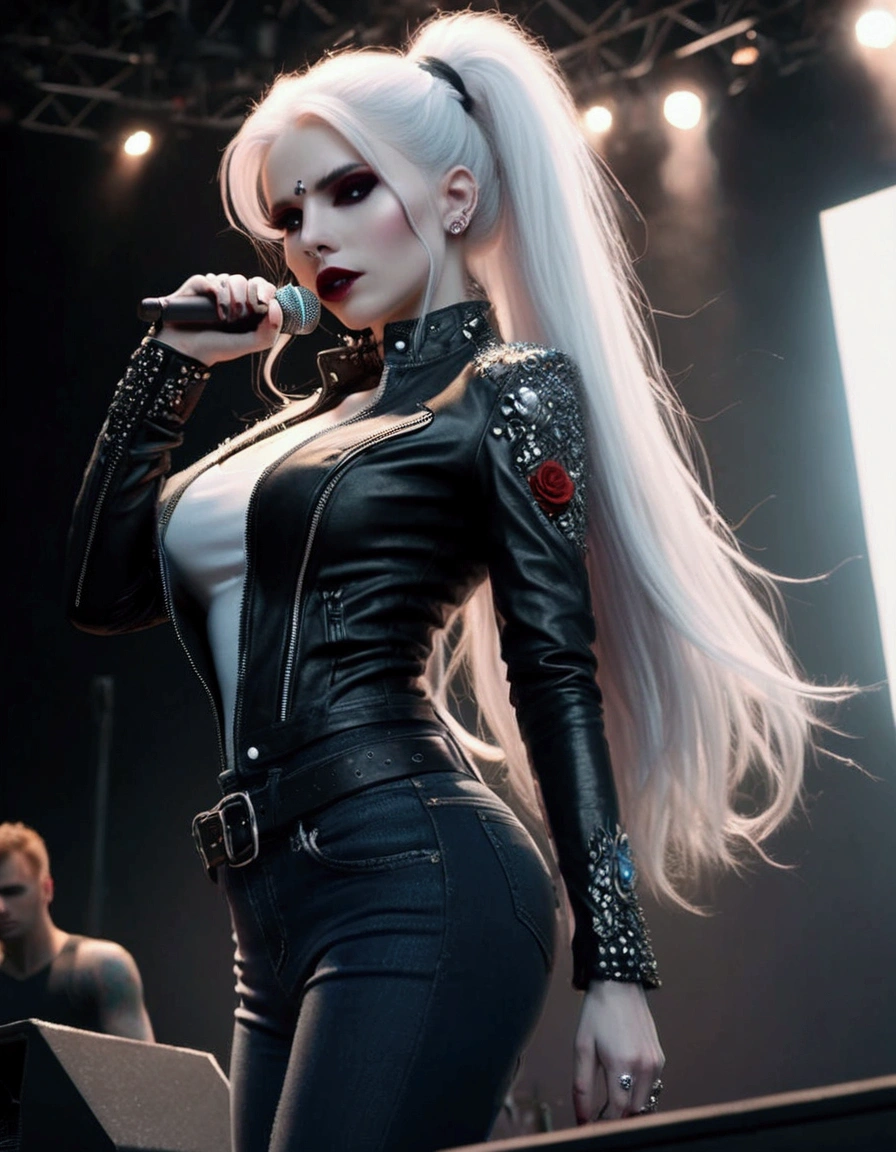 Rock, on stage, Super vibrant music lights, female, 1girl, solo, human, Caucasian  woman, woman, ((pale skin, red eyes)), (straight hair, long hair, white hair. Flowing hair), black lipstick, black eye shadow, make-up, beautiful, black fingernails, piercings, pierced ears, ((wearing black leather jacket, white shirt, blue jeans))