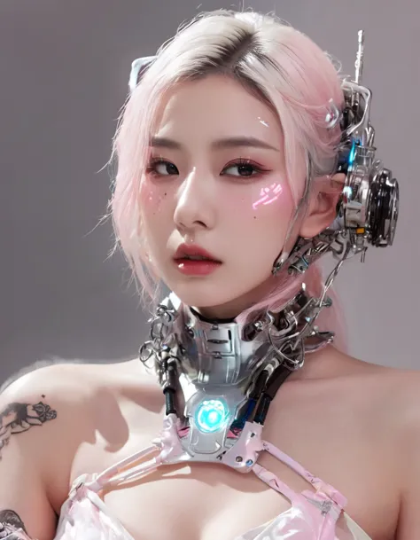 an extraordinarily detailed close-up portrait of an android-human hybrid k-pop idol, showcasing her striking skell cyberpunk app...