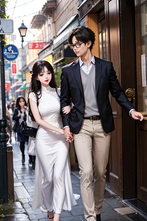 highest quality、masterpiece、high sensitivity、high resolution、detailed description、slender women、glasses、the man is carrying the ...