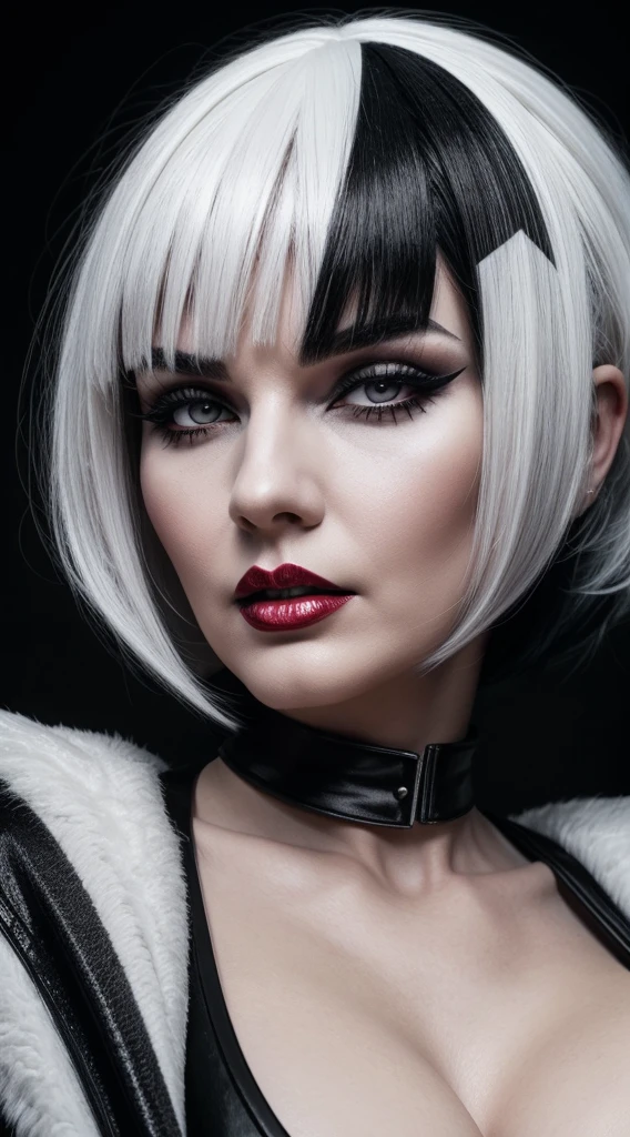 a woman with white hair and black and white wig, photo inspired by Edo Murtić, tumblr, pop surrealism, black hair and white bangs, black and white hair, cruella devil, cleavage, photorealistic, high quality, masterpiece, detailed, sharp focus, vibrant colors, dramatic lighting