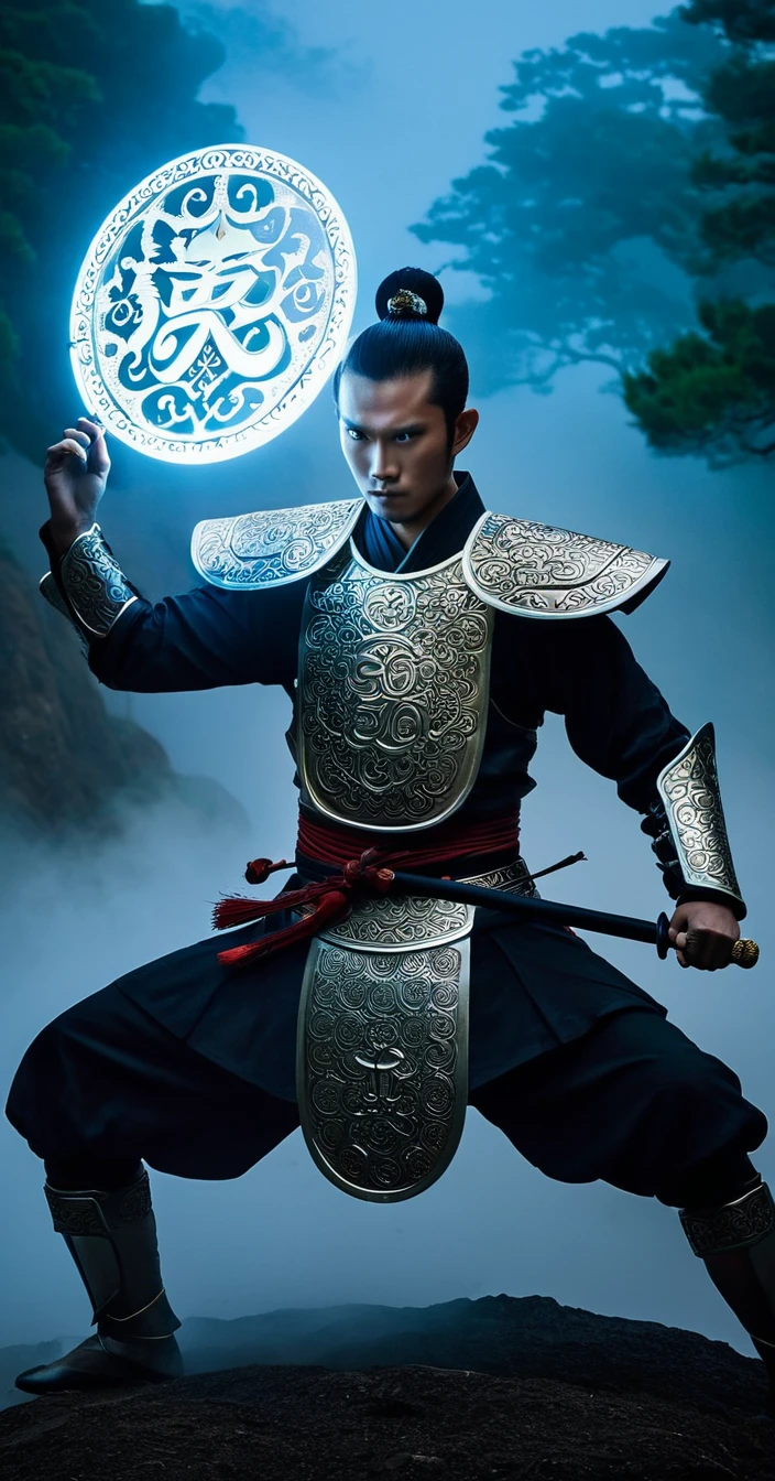 Create an epic and mystical scene featuring a powerful warrior in traditional East Asian attire, holding a radiant Chi symbol between his hands. The Chi symbol should glow with intense energy, illuminating the surroundings. Behind the warrior, depict two majestic dragons—one white and serene, the other black and fierce—coiled in a yin-yang formation, symbolizing balance and duality. The warrior’s eyes should glow with the same energy as the Chi symbol, reflecting his mastery over it. The background should be shrouded in mist, with ancient symbols subtly etched into the fog. The overall atmosphere should exude power, balance, and ancient wisdom, with the lighting highlighting the intricate details of the warrior’s armor and the ethereal forms of the dragons.