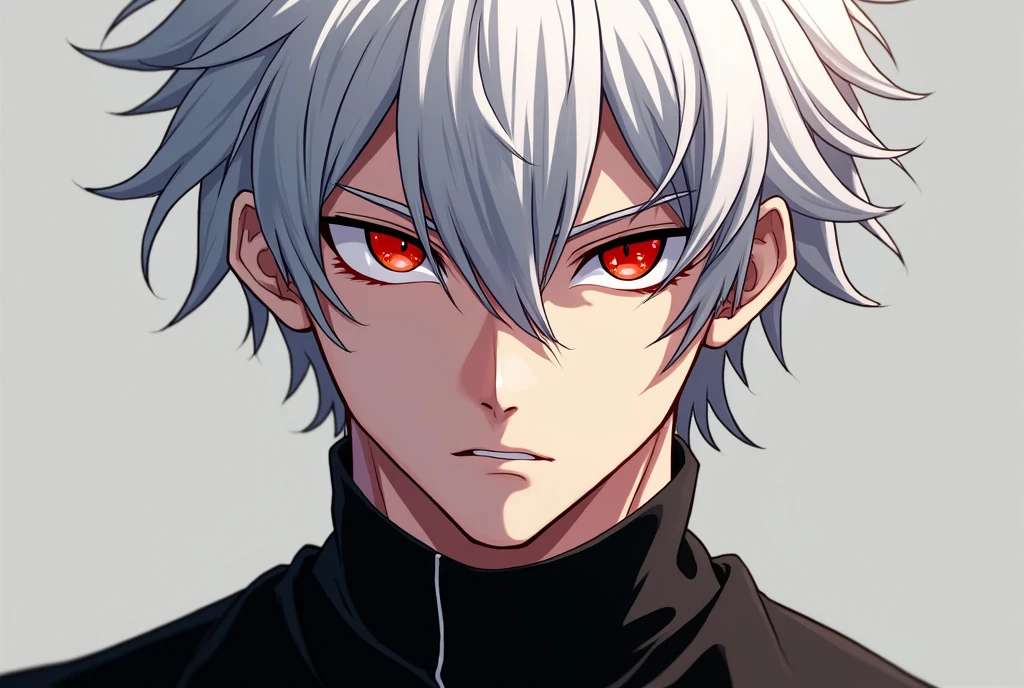 Male anime character with white hair, Eyes red, with a black shirt