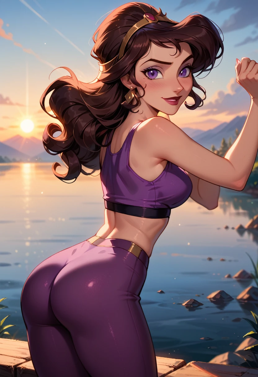 score_9, score_8_up, score_7_up, score_6_up, cinematic film still, solo, on her own, 1girl (Disney's Megara, m_ra, brown hair, purple eyes, ponyail:1.3), lake bled background, stretching exercises, wearing (tight purple butt scrunch gym leggings and crop top:1.4), subtle smile, (cinematic lighting:1.2),, (sunset:1.2), shallow depth of field, vignette, highly detailed, high budget, bokeh, cinemascope, moody, epic, gorgeous, film grain, grainy.