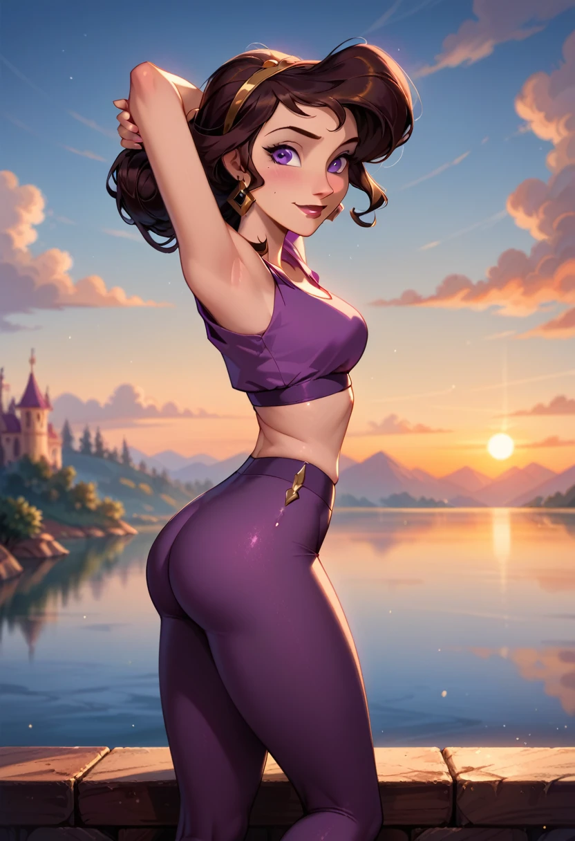 score_9, score_8_up, score_7_up, score_6_up, cinematic film still, solo, on her own, 1girl (Disney's Megara, m_ra, brown hair, purple eyes, ponyail:1.3), lake bled background, stretching exercises, wearing (tight purple butt scrunch gym leggings and crop top:1.4), subtle smile, (cinematic lighting:1.2),, (sunset:1.2), shallow depth of field, vignette, highly detailed, high budget, bokeh, cinemascope, moody, epic, gorgeous, film grain, grainy.