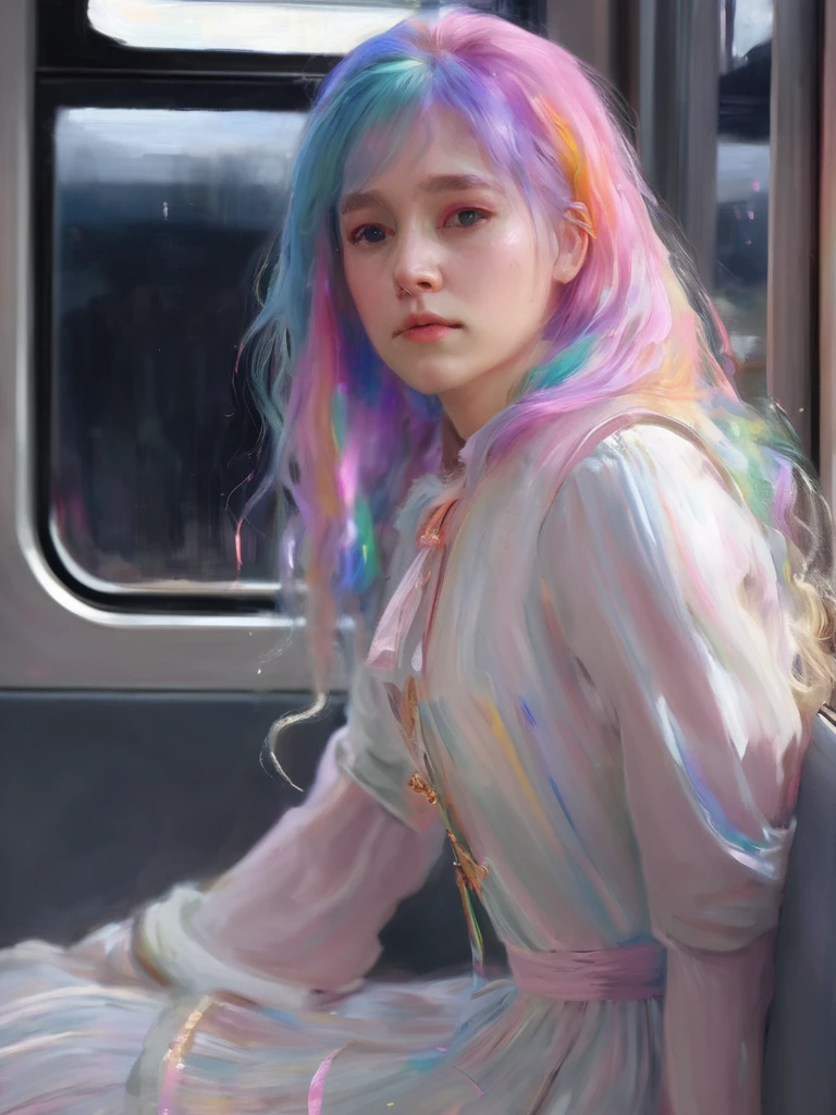 sargent,1girl,solo,light particles,swirling lights,,bloom,romanticized,detailed,8k,best quality,masterpiece,highres, Pastel Rainbow hair,dreamy artstyle, full body,soft lines,soft artstye, dewy,crying pastel rsinbows,white eyelashes,soft hair,soft eyelashes,painting,sitting on train seat,((black crowd)),focusing on girl in train