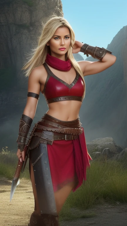 ((masterpiece, highest quality, Highest image quality, High resolution, photorealistic, Raw photo, 8K)), ((Extremely detailed CG unified 8k wallpaper)), (huge stunning goddess shot, very hot and sexy, jaw-dropping beauty, perfect proportions, beautiful body, slim body beauty:1.4), arafed woman in armor holding a sword and shield, portrait of a barbarian female, north female warrior, a very beautiful berserker woman, north adult female warrior, female barbarian, female warrior, portrait of a barbarian woman, barbarian warrior woman, very beautiful female barbarian, barbarian class, portrait of a woman warrior, rpg portrait concept art, (beautiful warrior, holding short sword and small shield, Wearing a red scarf, leather armor), (blonde hair, blue eyes, dark skin), (amphitheatre, Fighting while being watched by the crowd, motion blur), movie poster, large "INFINITY" written at bottom of screen,