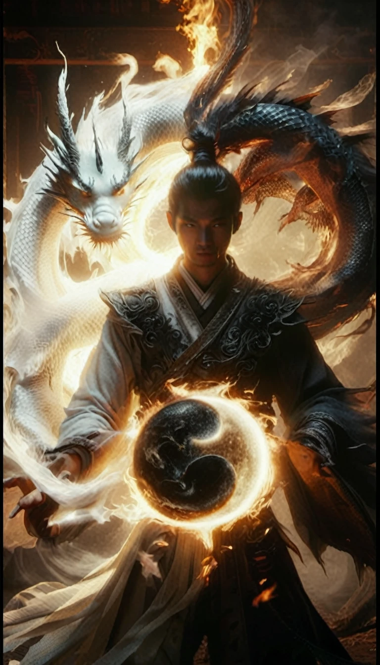 a man holding a ball with a dragon on it, inspired by Li Gonglin, human and dragon fusion, inspired by Feng Zhu, man with the soul of a dragon, inspired by Fan Kuan, inspired by Wu Li, wlop and ross tran, in the style of sifu 🔥 😎 🕹️ 👀 :2