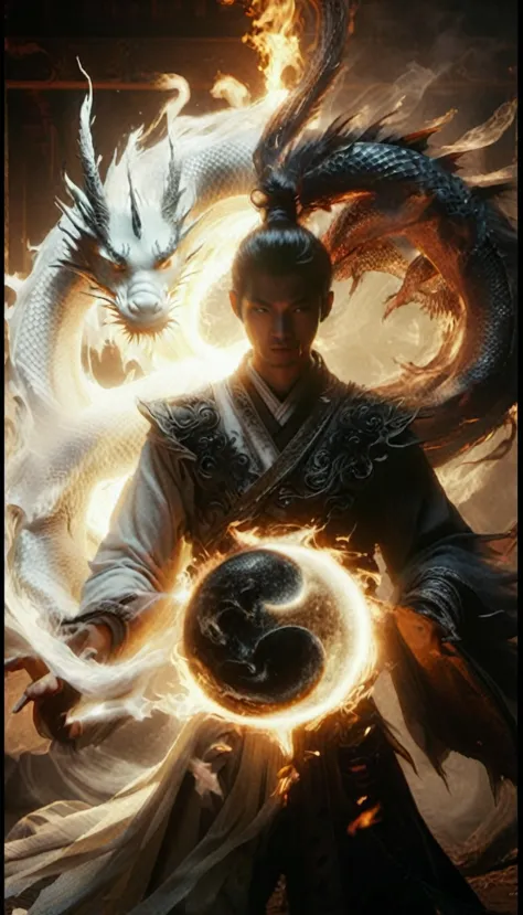 a man holding a ball with a dragon on it, inspired by li gonglin, human and dragon fusion, inspired by feng zhu, man with the so...