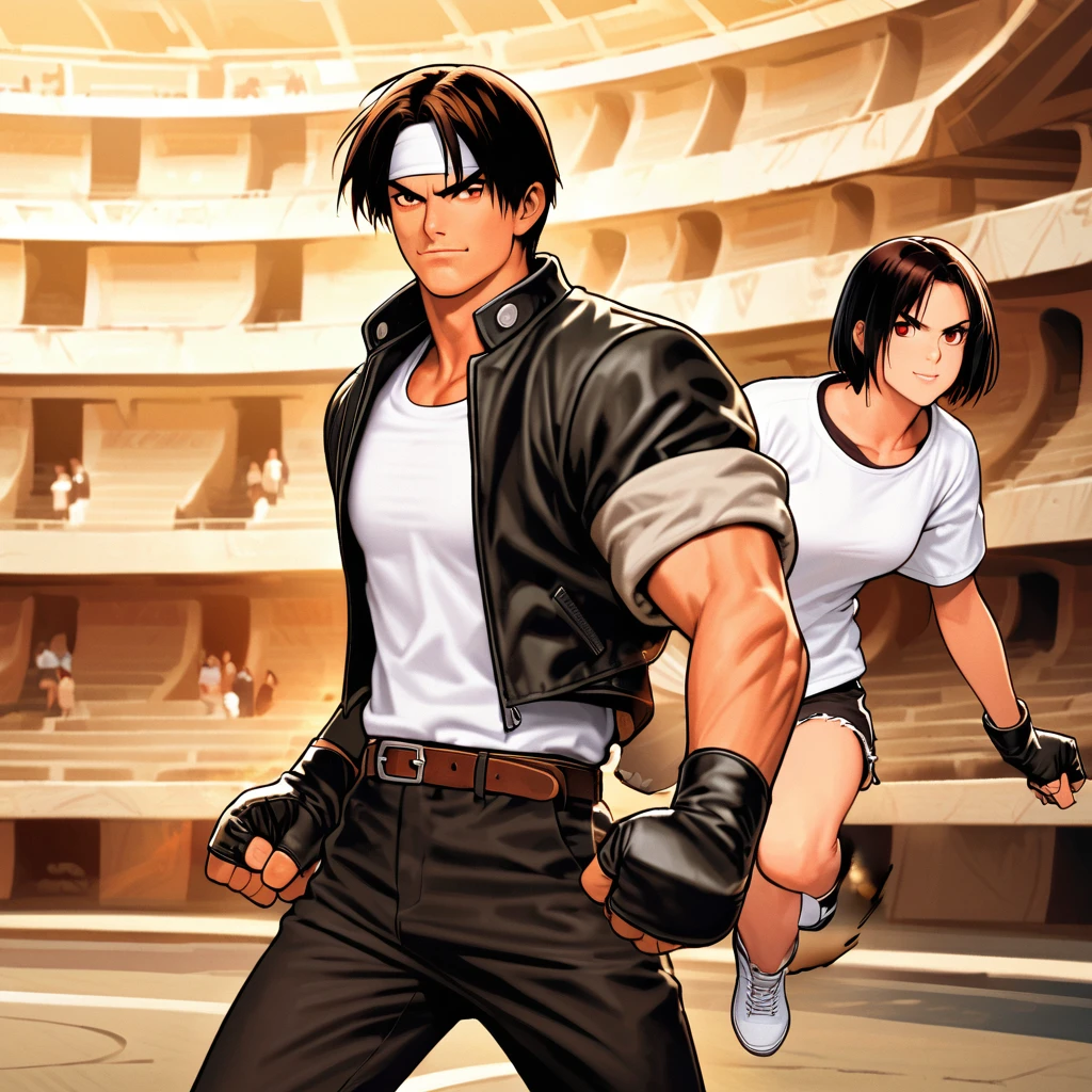 Masterpiece, 2 people, man and woman before fight, one on one, best quality, 8K, smirking, fighting pose, fight: 1.5,(Kyo Kusanagi), man has dark skin, dark hair, red eyes, alone, ((white headband)) two shots, (rolled up arms) black rider jacket, fingerless gloves, black hair, white t-shirt black pants, white shoes, brown belt, boyish, handsome, shot, charming, masterpiece, high quality, fine face, grainy, morning, confident smile, men and women fighting against background of ancient Roman amphitheater, loud cheers, same hair, same hair and clothes, angry face: 1. attack speed 5, fast attack, angry face, angry face