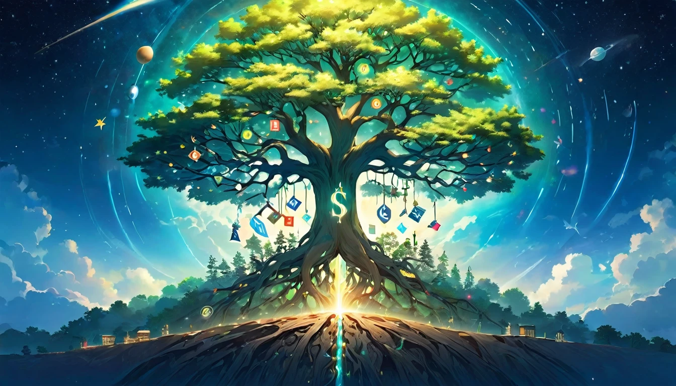 "A tree of knowledge with branches reaching into space, its roots firmly planted on Earth, surrounded by floating symbols of science and discovery"