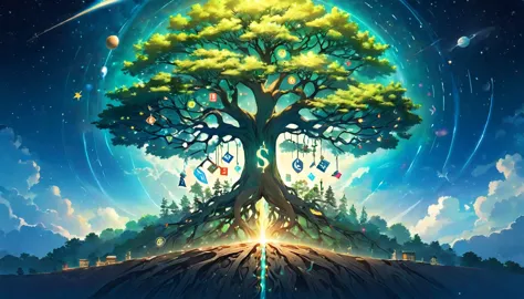 "a tree of knowledge with branches reaching into space, its roots firmly planted on earth, surrounded by floating symbols of sci...