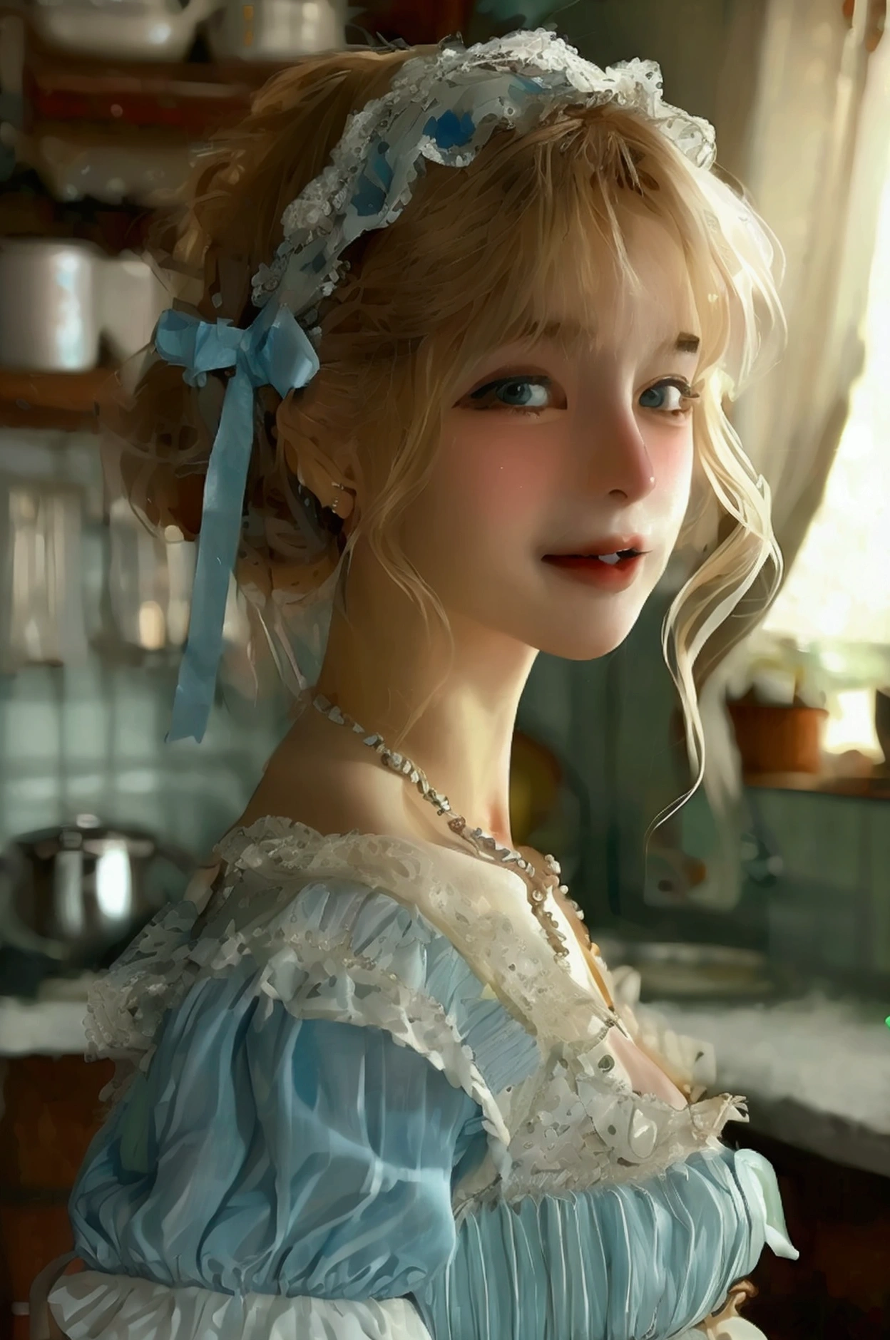 (8ก, best quality, Masterpiece: 1.2), (realistic, realistic, photorealistic: 1.37), 1 woman, hyper detail, beautiful eye details, Beautiful, detailed nose, (((1 girl))), Lolita dress, 7 minutes, kitchen, smile,