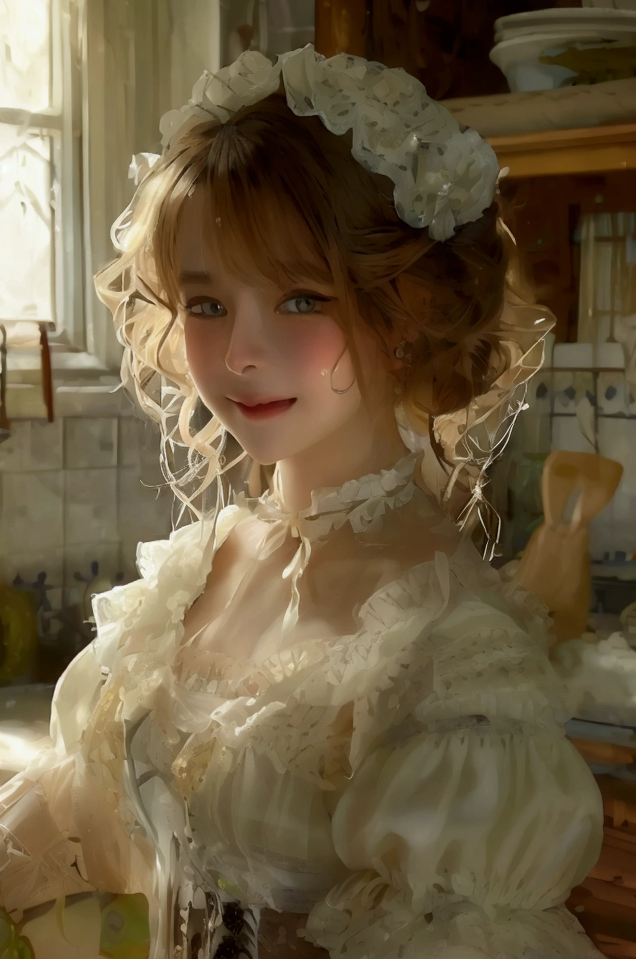 (8ก, best quality, Masterpiece: 1.2), (realistic, realistic, photorealistic: 1.37), 1 woman, hyper detail, beautiful eye details, Beautiful, detailed nose, (((1 girl))), Lolita dress, 7 minutes, kitchen, smile,