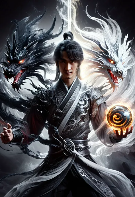 a man holding a ball with a dragon on it, inspired by li gonglin, human and dragon fusion, inspired by feng zhu, man with the so...