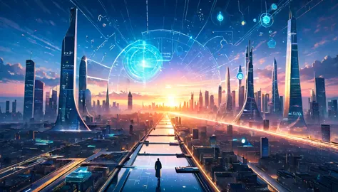 "a futuristic cityscape at dawn, with holographic displays of scientific formulas and discoveries floating above the buildings"