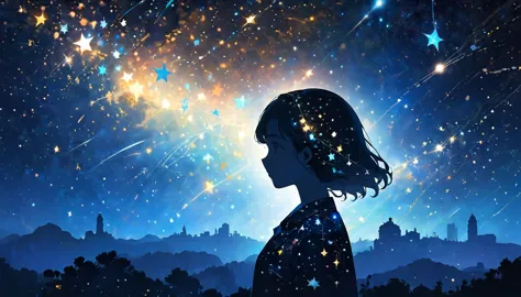 "a young person's silhouette filled with a cosmic landscape, stars, and constellations, representing the pursuit of knowledge an...