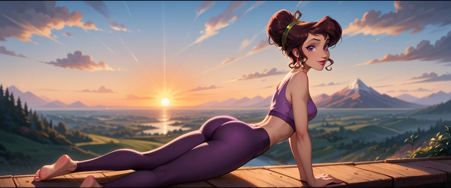 score_9, score_8_up, score_7_up, score_6_up, cinematic film still, solo, on her own, 1girl (Disney's Megara, m_ra, brown hair, purple eyes, ponyail:1.3), lake bled background, stretching exercises, wearing (tight purple butt scrunch gym leggings and crop top:1.4), subtle smile, (cinematic lighting:1.2),, (sunset:1.2), shallow depth of field, vignette, highly detailed, high budget, bokeh, cinemascope, moody, epic, gorgeous, film grain, grainy.