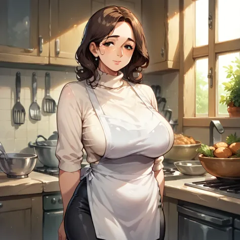 mature white milf with brown hair, in tight black pants, a tight beige turtleneck sweater and a kitchen apron.