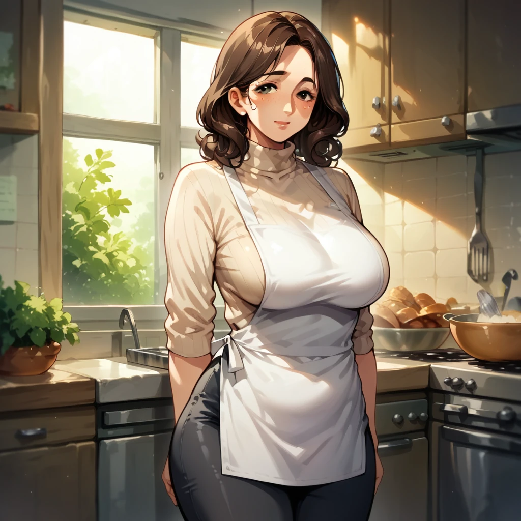 Mature white MILF with brown hair, in tight black pants, a tight beige turtleneck sweater and a kitchen apron.