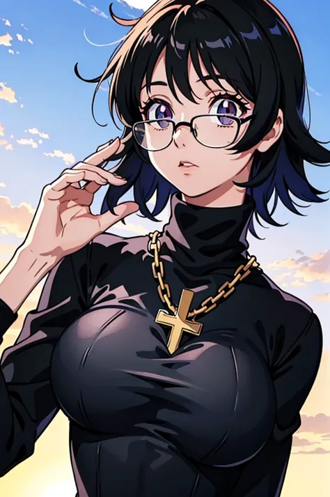 shizuku murasaki, 1girl, cute, black hair, short hair, glasses, expressionless, huge breast, ((tight black long sleeve turtlenec...