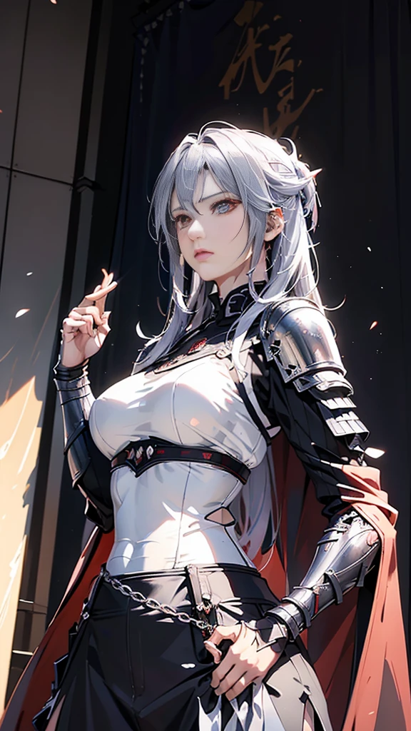 Black-haired woman, Amazing character art, (Silver Knight Armor:1.3 ),((Pure white background)), 3d rendering character art 8k, Beautiful female knight, 2. 5D CGI Anime Fantasy Artwork, Detailed digital anime art, Photorealistic Anime Girl Rendering, Very nice work of art, Fan Art Best Art Station, (Red velvet long cape),(Stretch your open hand forward:1.3), (Hands on hips),(on stage:1.2),((From below)),Eyes looking into the distance,(A female general gives orders to her soldiers:1.3),Muscular,(samurai:1.2)