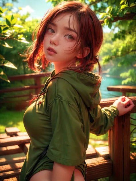 (masterpiece),best quality, expressive eyes, perfect face, freckles face,red hair ,perfect body, big breast,a girl wear green ho...